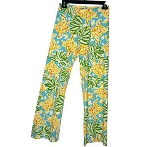 Barbara Gerwit Turtle Palm Tree‎ Print Pants Green Yellow Tropical Colorful S